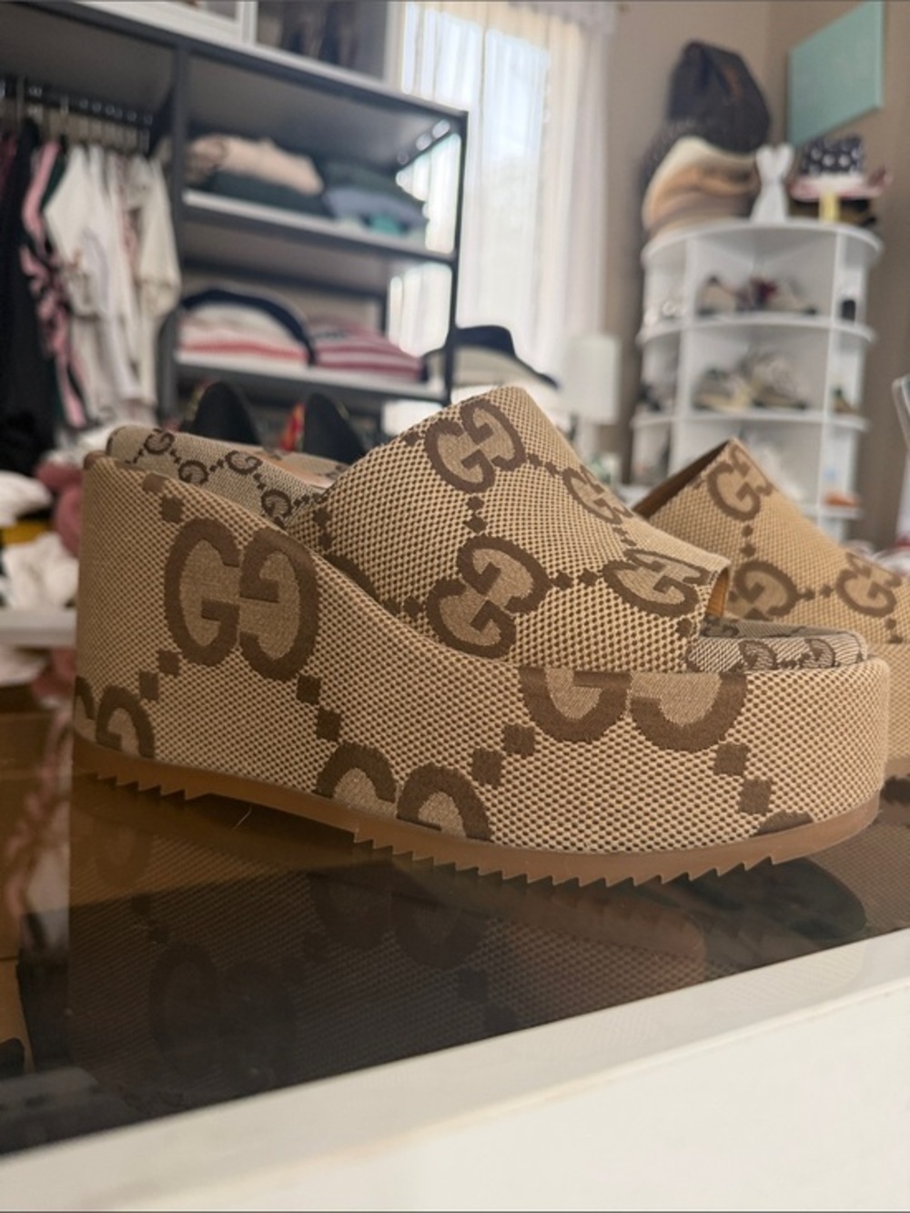 Gucci Beige GG Logo Platform Slides